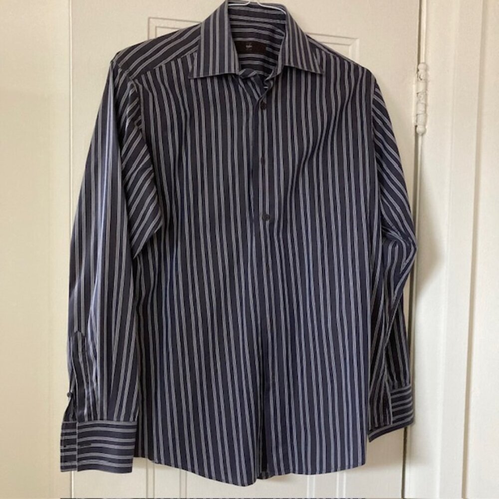 Zegna men's large City Shirt 100% cotton Charcoal grey striped NiCE